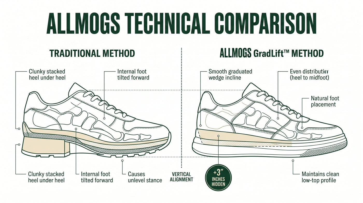 Left: every other elevator shoe stacks the lift on the heel. Right: GradLift distributes it inside the midsole.